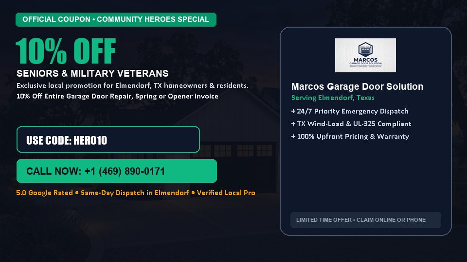 Marcos Garage Door Solution 10% OFF Seniors & Military Veterans in Elmendorf, TX